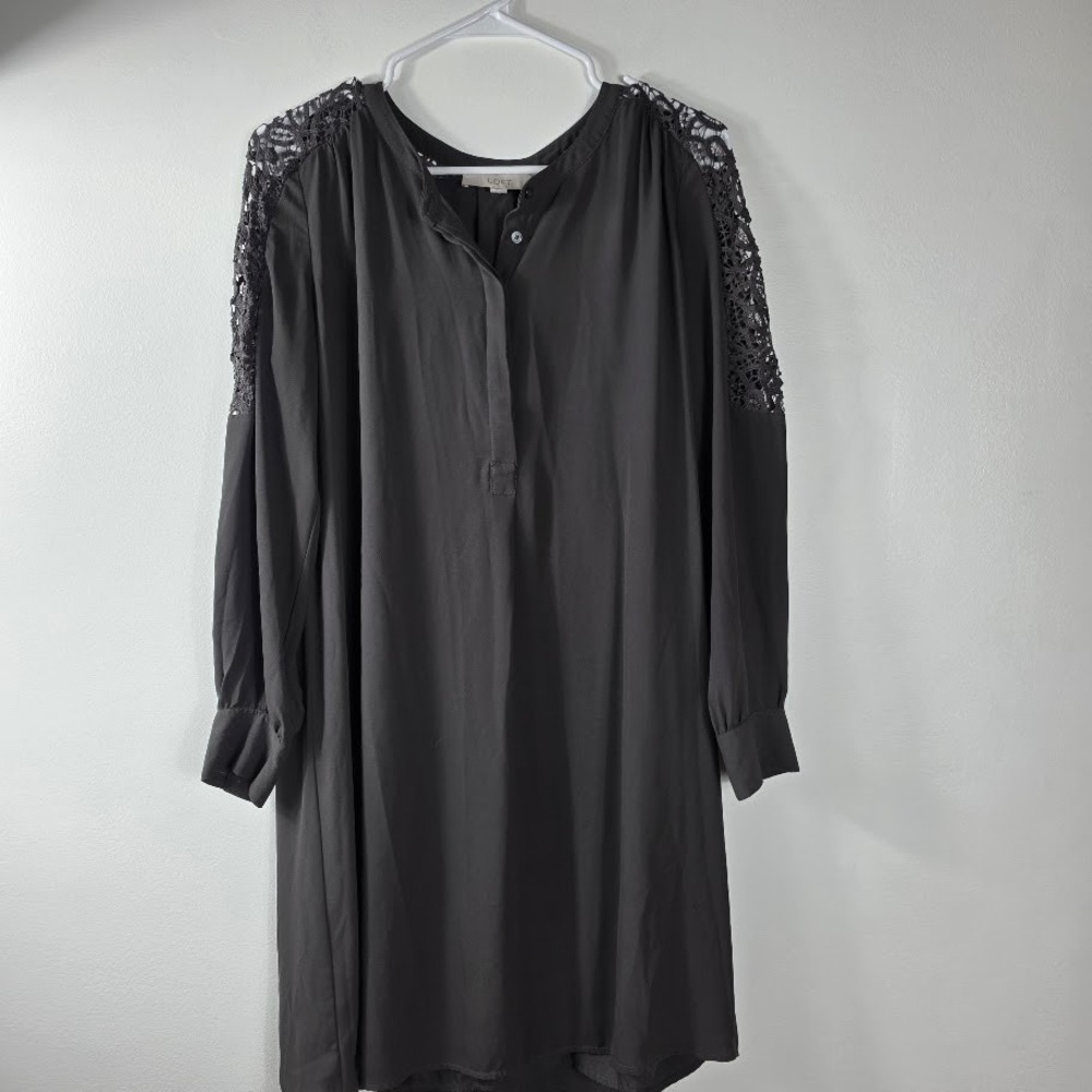 Loft Lace Shoulder Detail Button Neck Shift Dress Oversized Small Gray‎